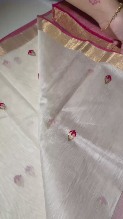 White pure chanderi soft cotton silk saree with pink embroidery and gold zari butti work