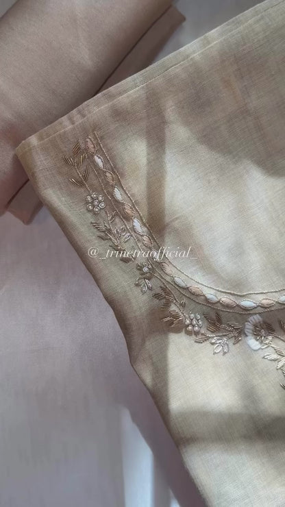 Beige Chanderi silk unstitched suit